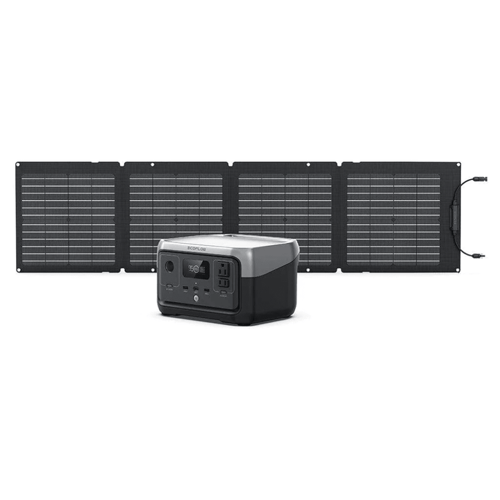 EcoFlow RIVER 2 portable generator with a 110W solar panel, durable design, and 256Wh capacity for outdoor power needs.