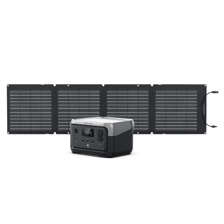 EcoFlow RIVER 2 portable generator with a 110W solar panel, durable LFP battery, and compact design for outdoor power needs.