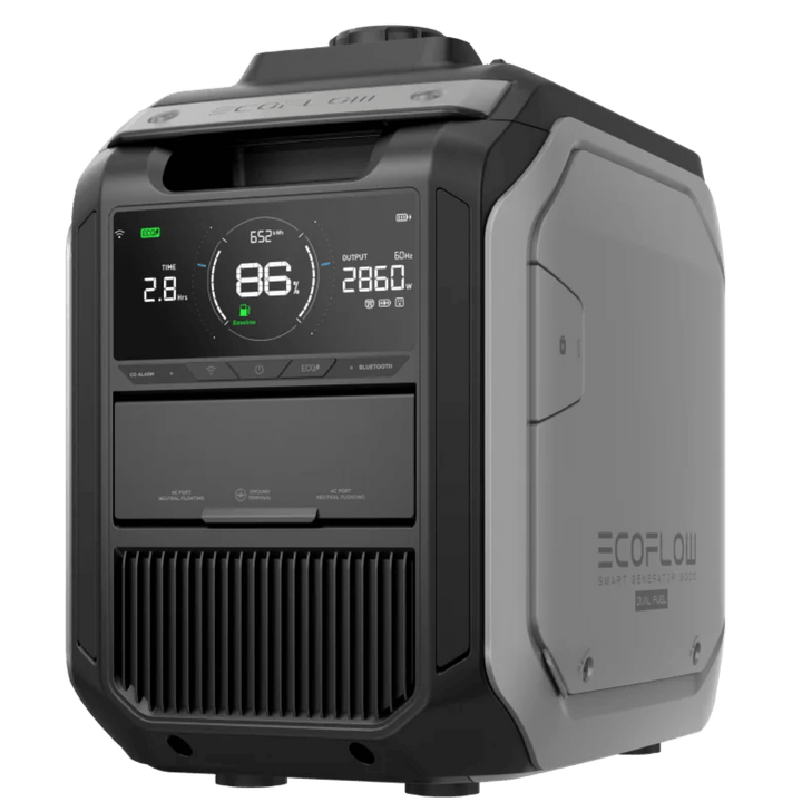 EcoFlow Smart Solar and Gas Generator 3000, portable power station with solar panels and gas engine for versatile energy supply.