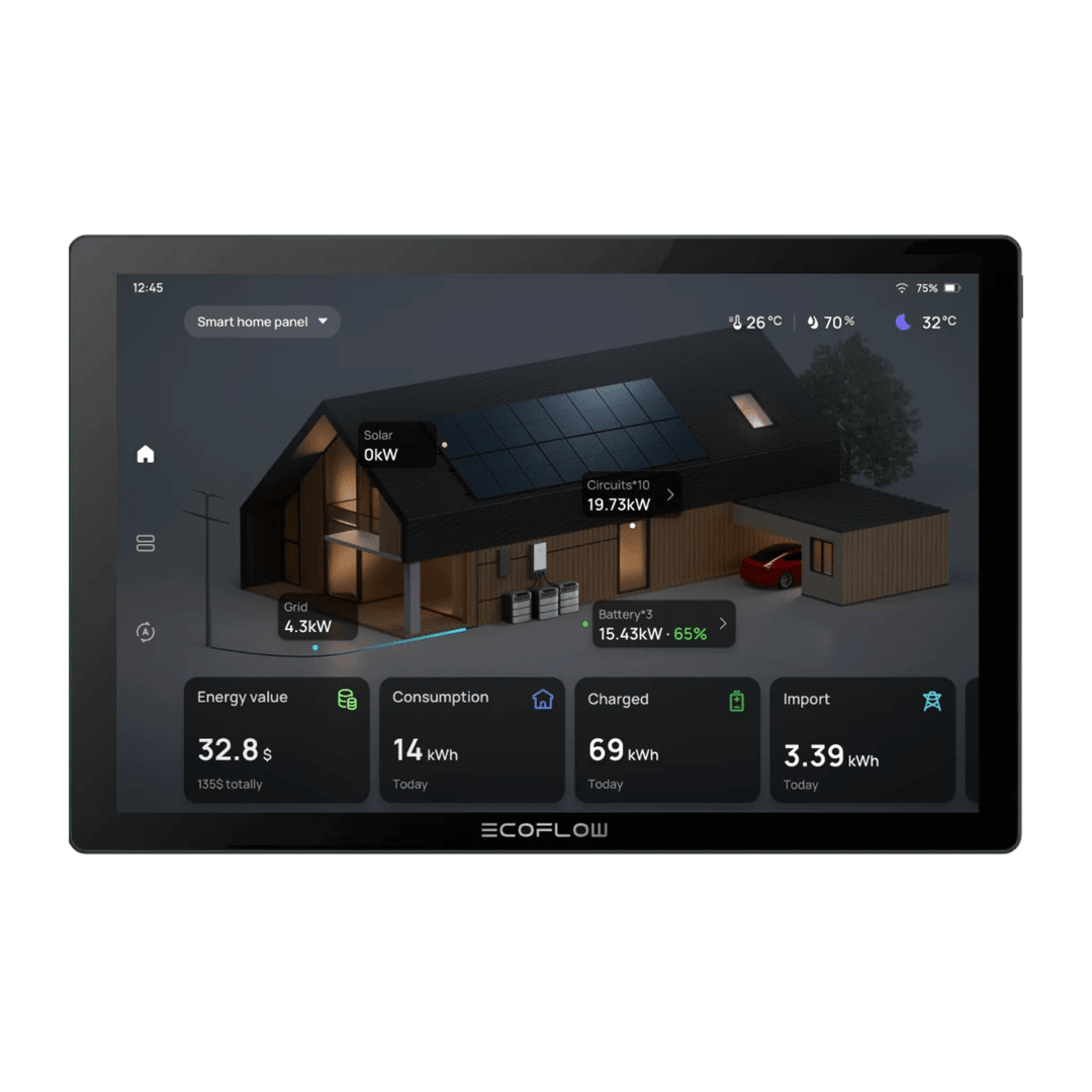 EcoFlow Power Insight touchscreen home energy manager with 10-inch display showing energy monitoring interface and control options.