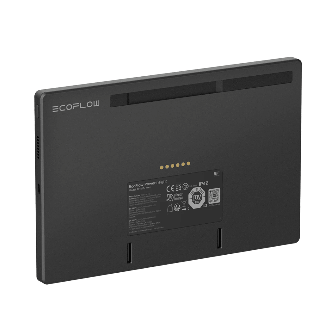 EcoFlow Power Insight touchscreen home energy manager with a 10-inch display showing energy data and control options.