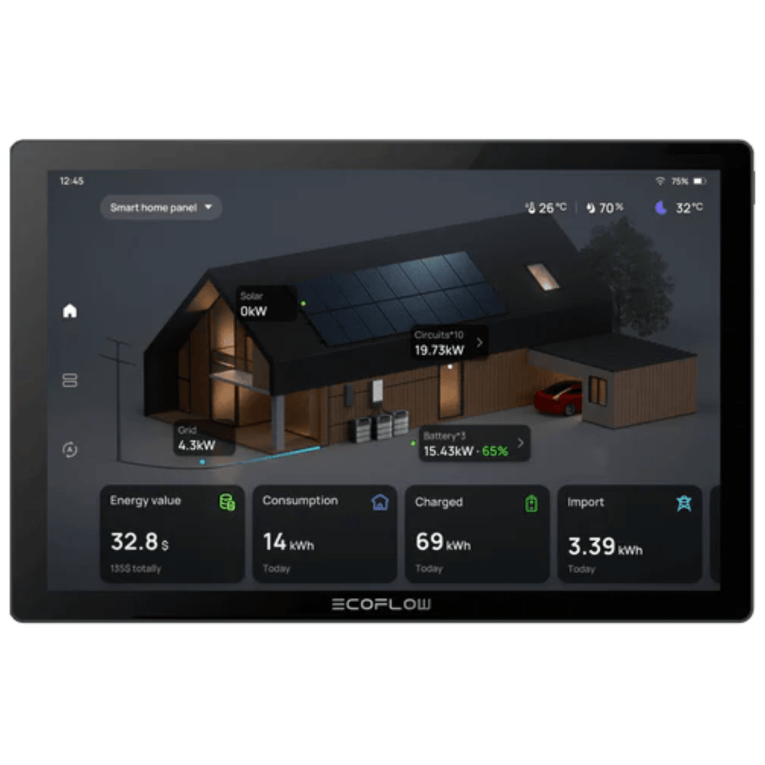 EcoFlow Power Insight touchscreen home energy manager with a 10-inch display showing energy data and system controls.