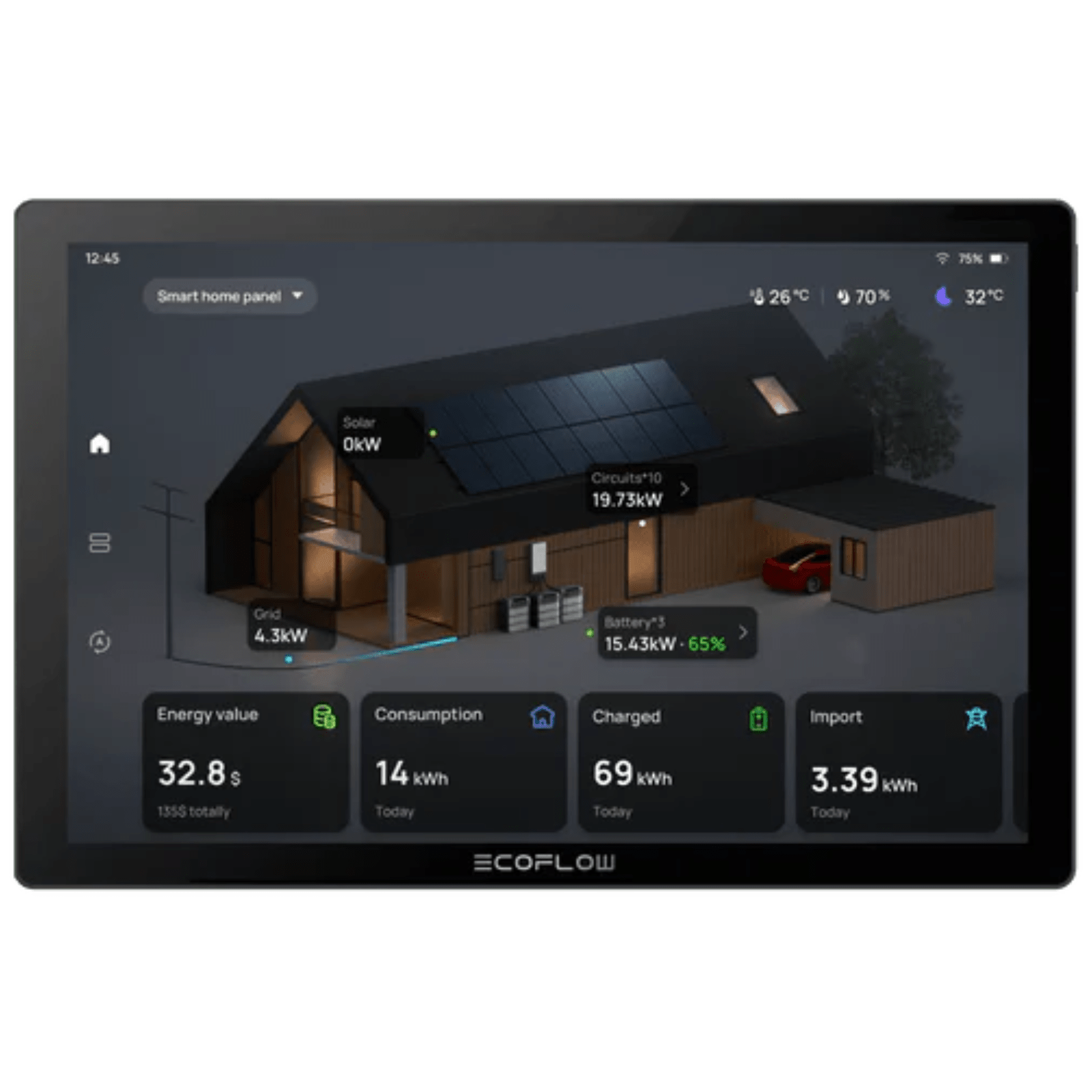 EcoFlow Power Insight touchscreen home energy manager with a 10-inch display showing energy data and system controls.