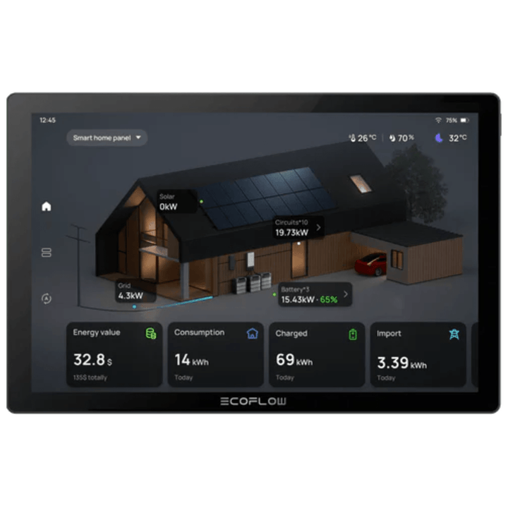 EcoFlow Power Insight touchscreen home energy manager with a 10-inch display showing energy data and system controls.