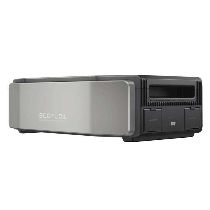 EcoFlow Delta Pro inverter with four batteries, off-grid portable power station kit, showcasing the inverter and battery setup.