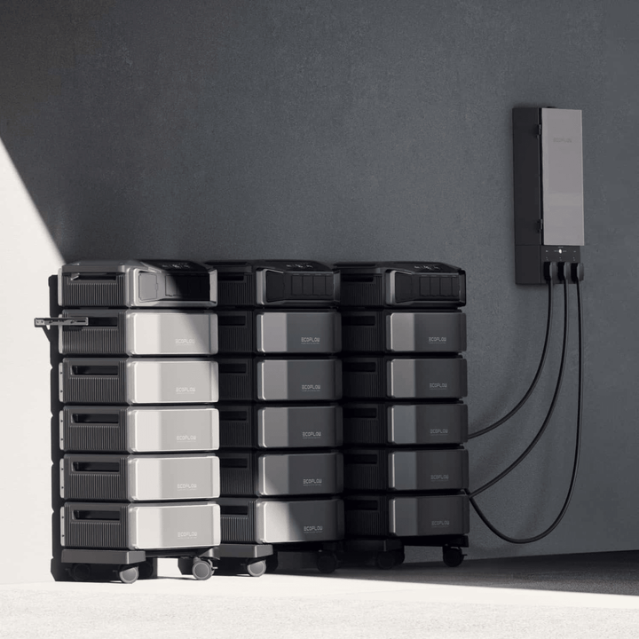 EcoFlow Delta Pro inverter with four batteries for off-grid power station setup, showcasing the EcoFlow portable inverter and batteries.