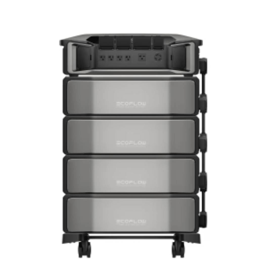 EcoFlow Delta Pro inverter with four batteries, off-grid power station kit, portable renewable energy solution for outdoor use.