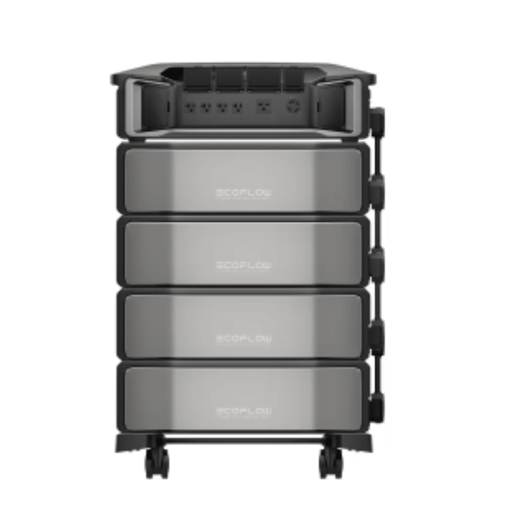 EcoFlow Delta Pro inverter with four batteries, off-grid power station kit, portable renewable energy solution for outdoor use.