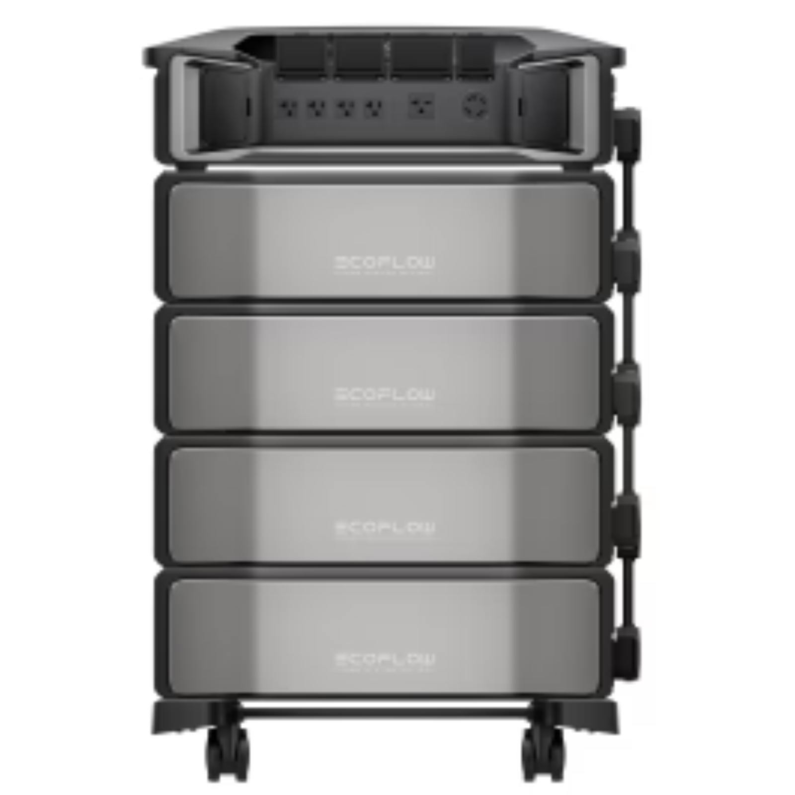 EcoFlow Delta Pro inverter with four batteries, off-grid power station kit for portable renewable energy solution.