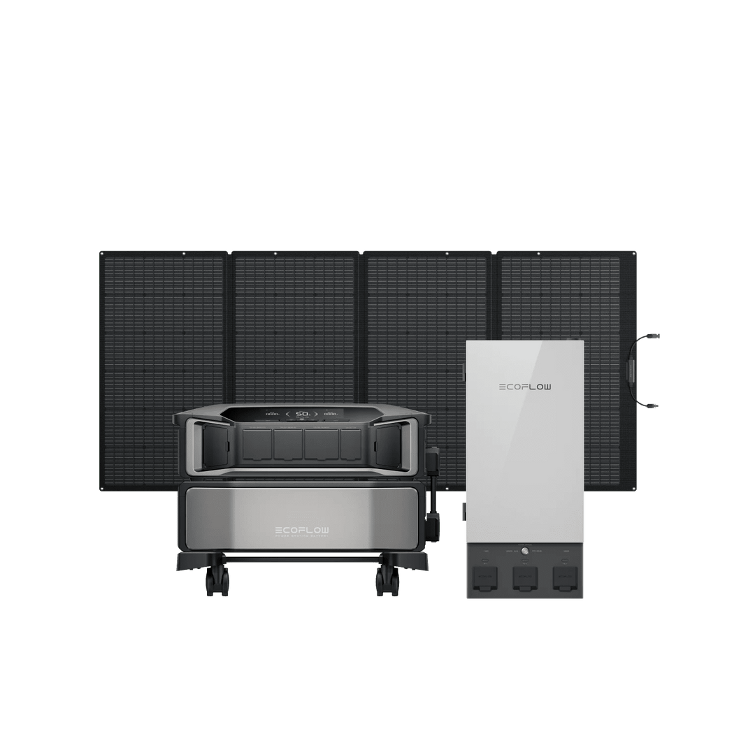 EcoFlow DELTA Pro Ultra inverter with battery, 400W solar panel, and smart home panel for renewable energy solutions.