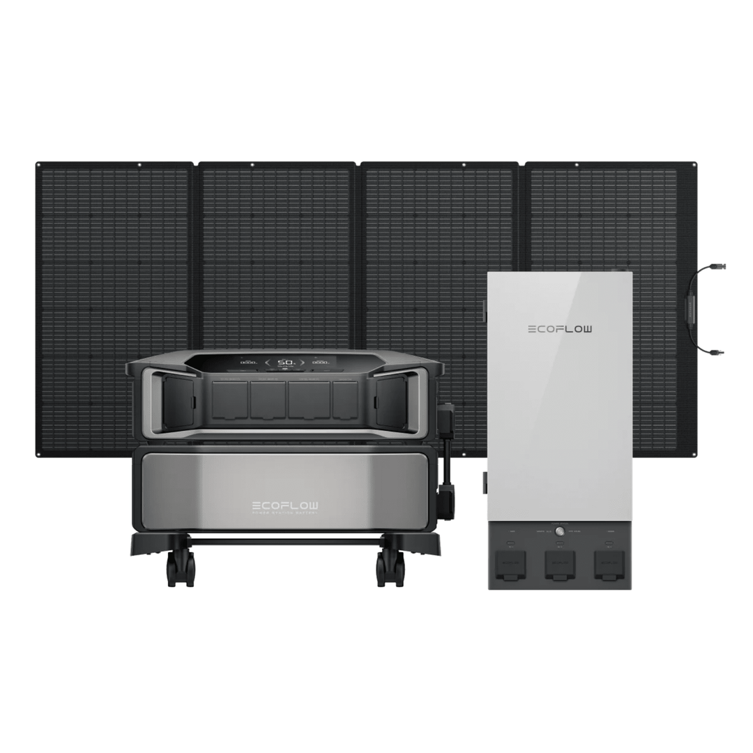 EcoFlow DELTA Pro Ultra+ inverter with battery, 400W solar panel, and smart home panel, showing connected power components.
