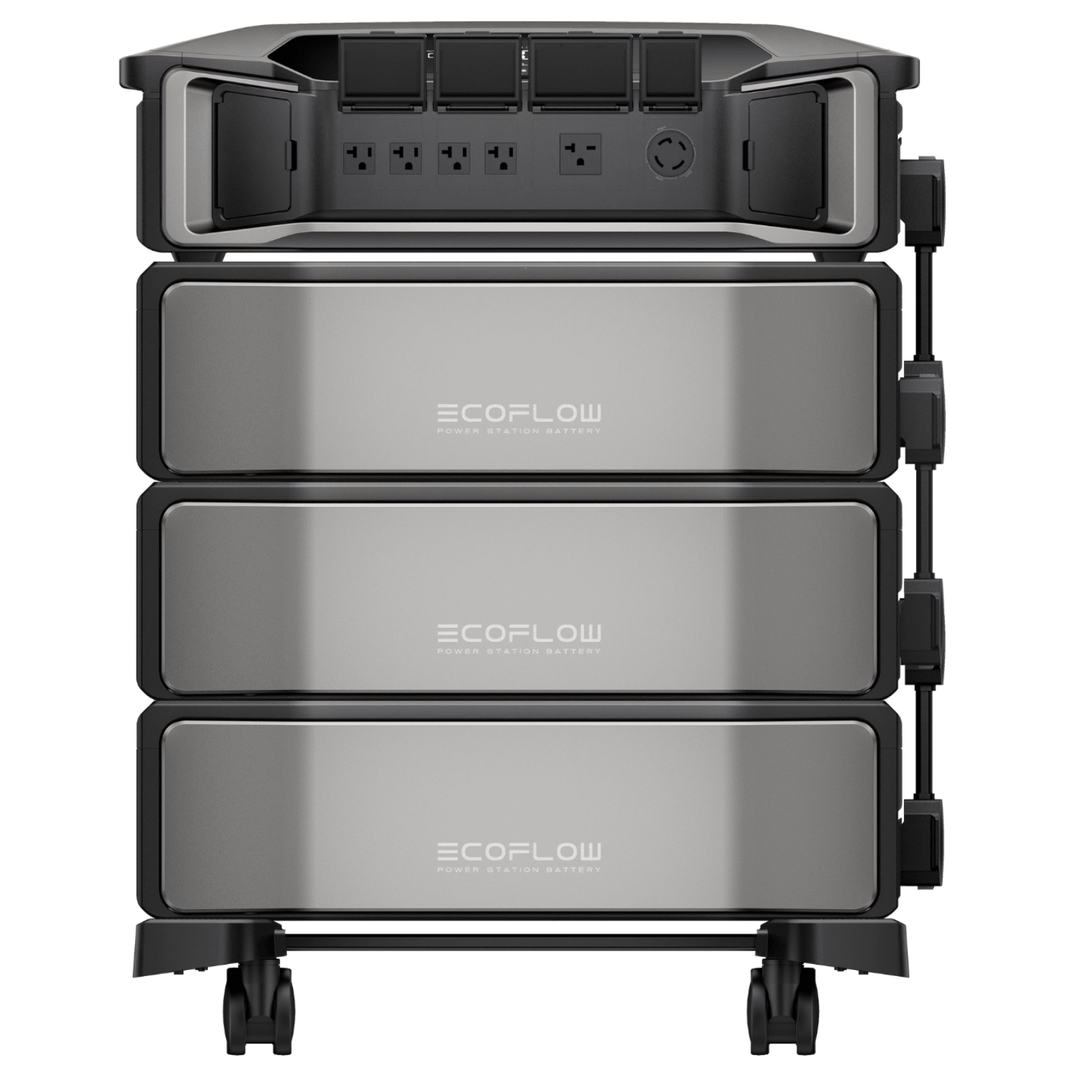EcoFlow DELTA Pro Ultra inverter with three 18kWh batteries for home backup, showcasing the portable power system and its components.