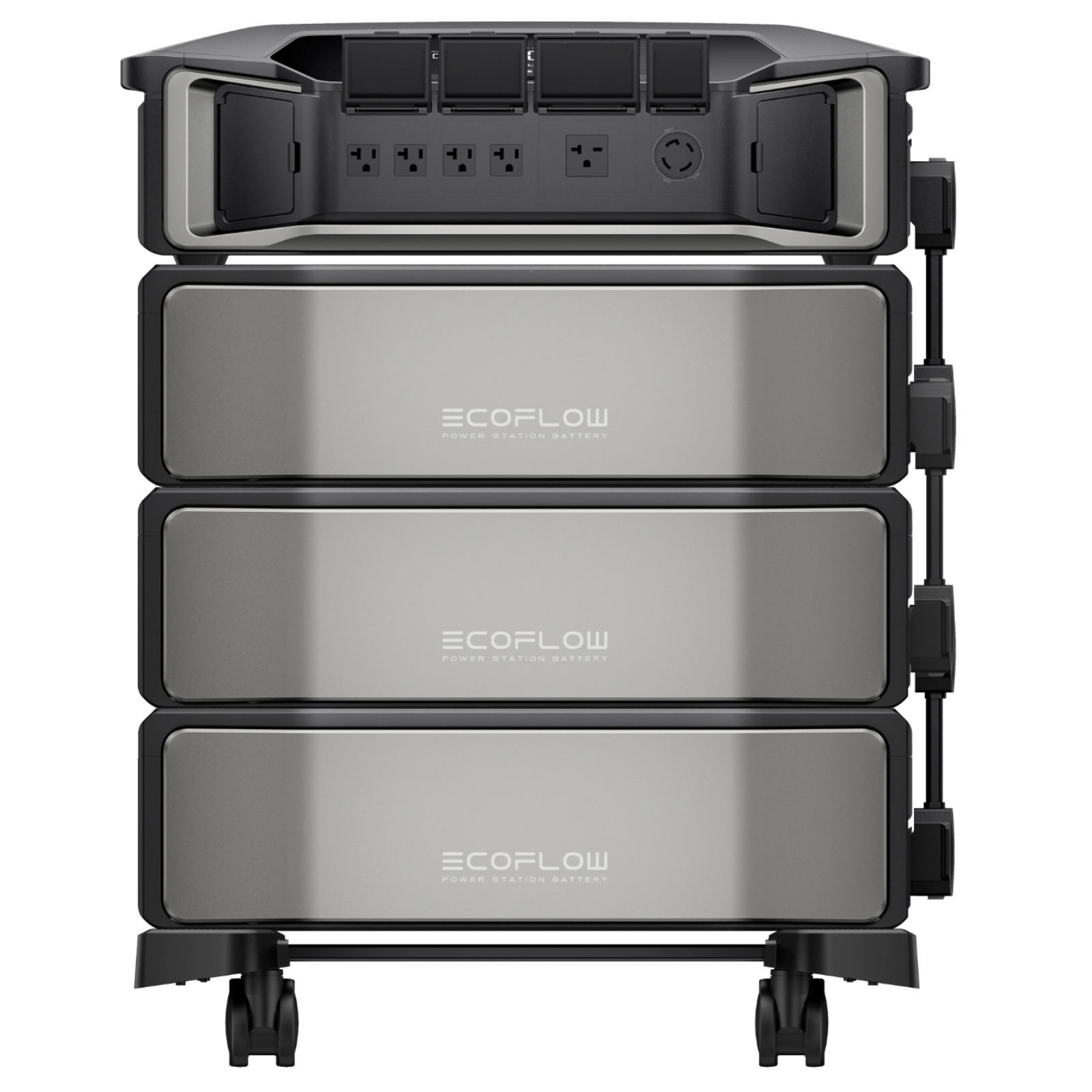 EcoFlow DELTA Pro Ultra Inverter + 3 Batteries 18kWh Home Backup Kit with multiple outlets for power supply.