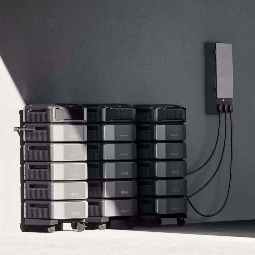 EcoFlow DELTA Pro Ultra inverter with five home backup batteries, showing the inverter and connected batteries.