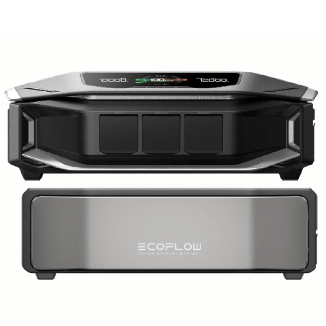 EcoFlow DELTA Pro Ultra X inverter connected to a DELTA Pro Ultra X battery, showcasing portable power solution with digital display.