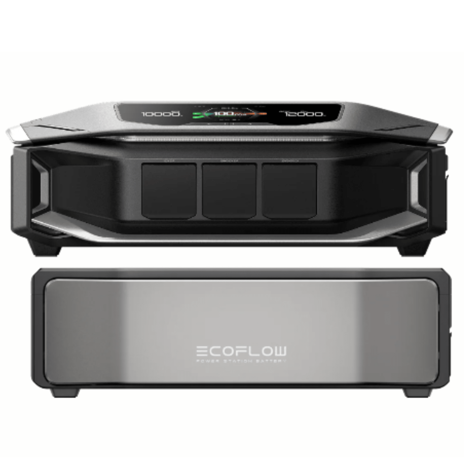 EcoFlow DELTA Pro Ultra X inverter connected to a DELTA Pro Ultra X battery, showcasing portable power solution with digital display.