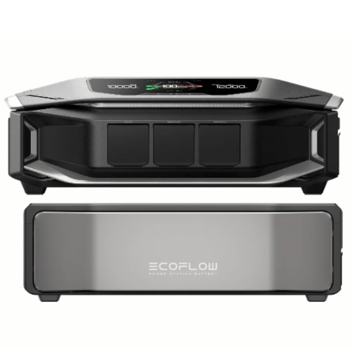 EcoFlow DELTA Pro Ultra X inverter connected to a DELTA Pro Ultra X battery, showcasing portable power solution with digital display.