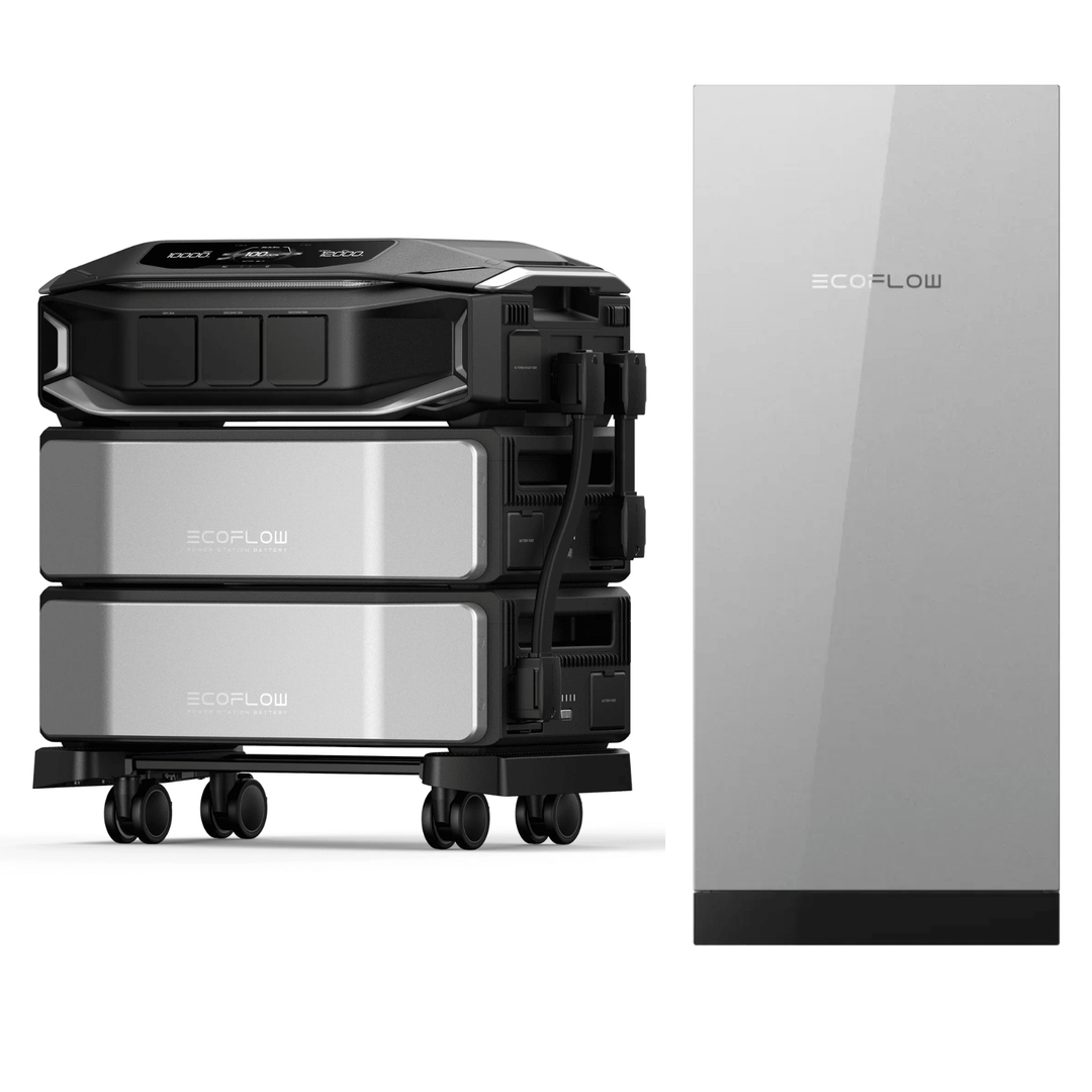 EcoFlow DELTA Pro Ultra X inverter with two batteries and Gateway200A, showing the portable power system and accessories.