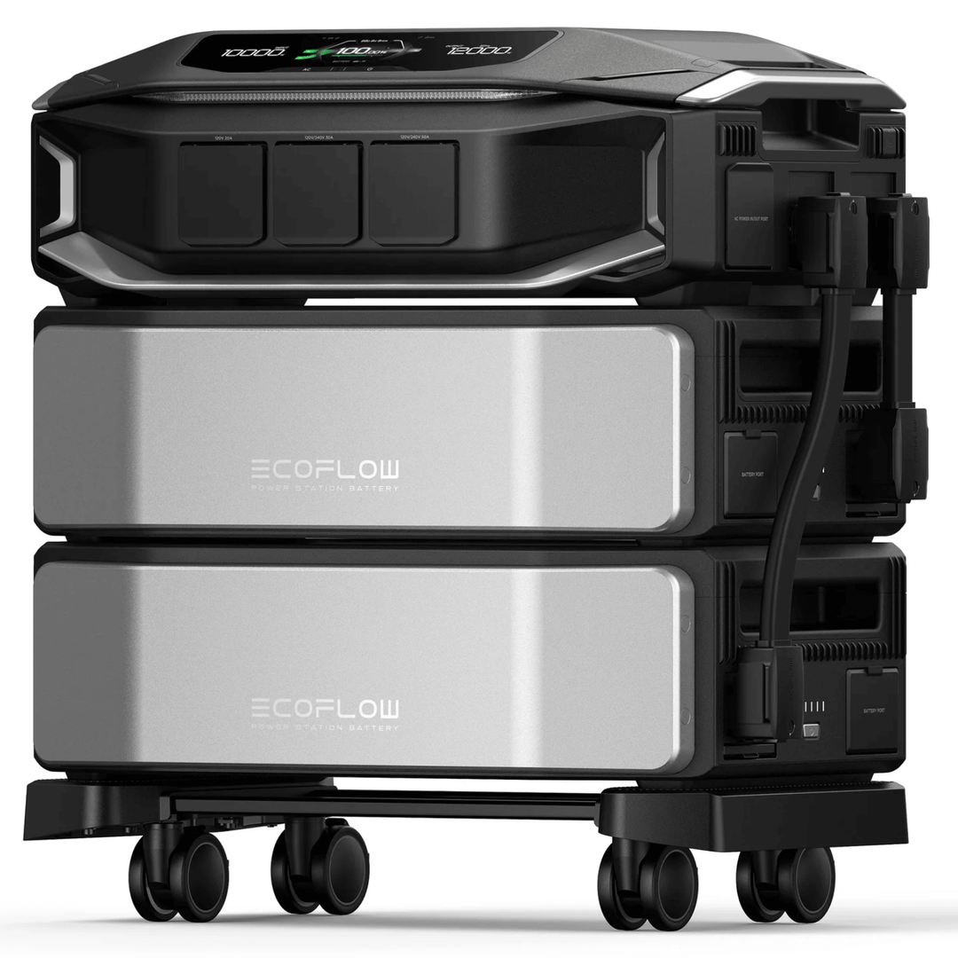 EcoFlow DELTA Pro Ultra X inverter with two batteries for whole home backup, showcasing the inverter unit and connected batteries.