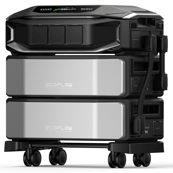 EcoFlow DELTA Pro Ultra X inverter with two batteries for whole home backup, showcasing the inverter unit and connected batteries.