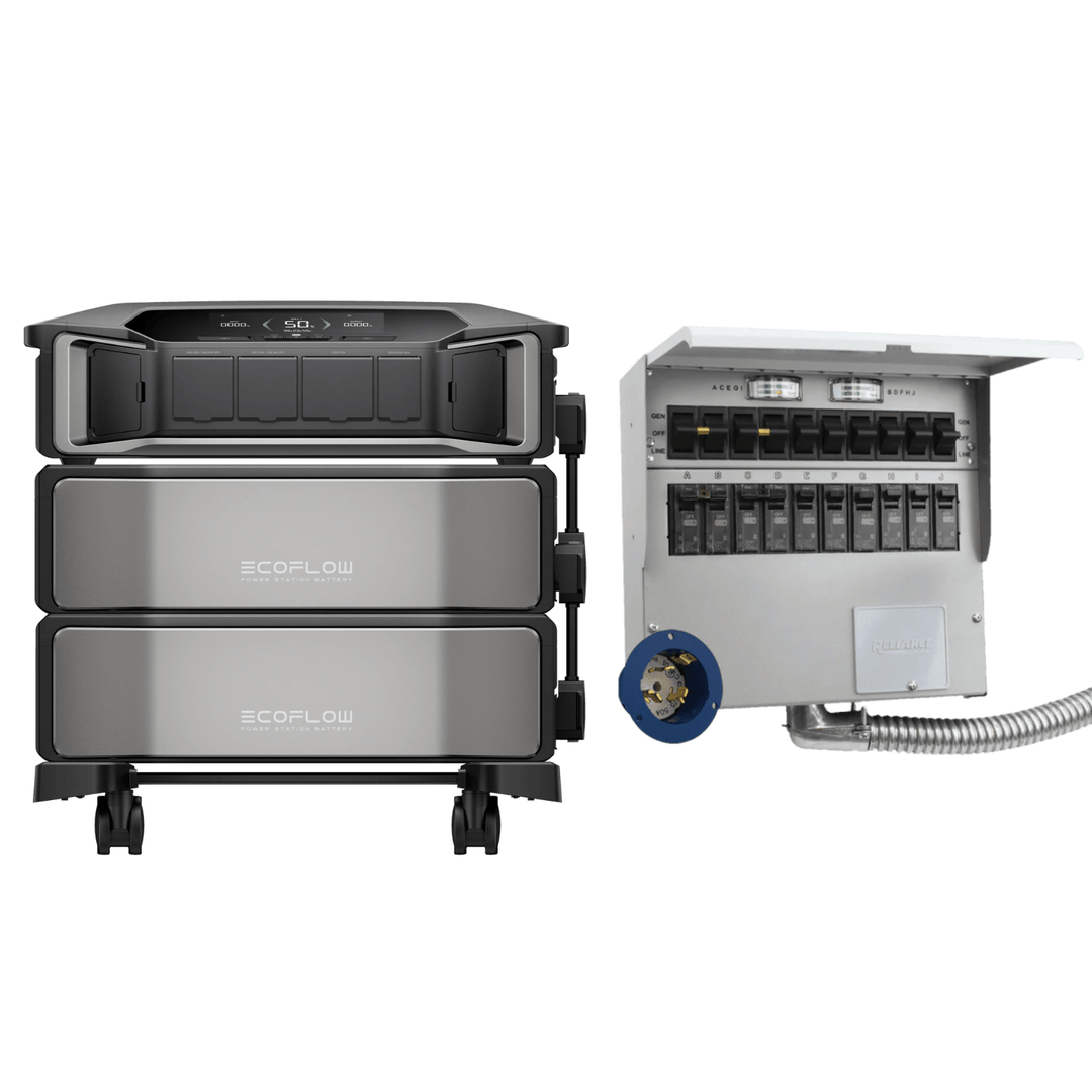 Two EcoFlow Delta Pro Ultra inverters with batteries and transfer switch A510A, shown with power connection details and control panels.