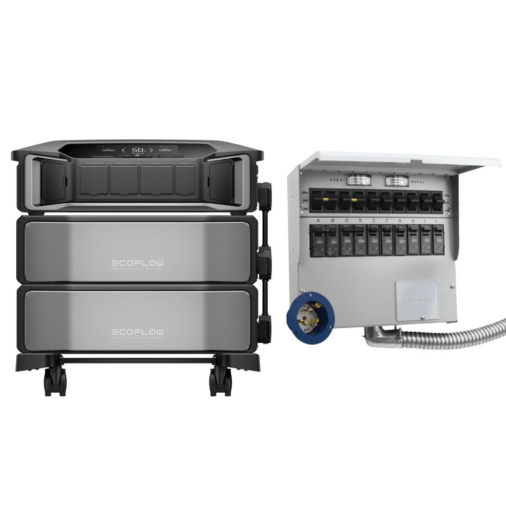 Two EcoFlow Delta Pro Ultra inverters with batteries and transfer switch A510A, shown with power connection details and control panels.