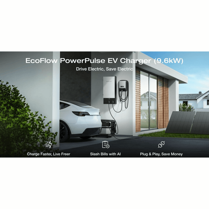 EcoFlow PowerPulse EV Charger 9.6kW portable electric vehicle charger with compact design and charging cable.