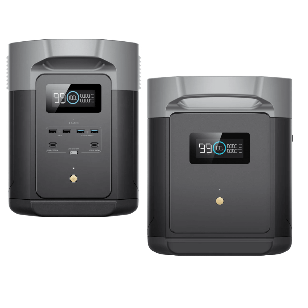 EcoFlow DELTA 2 Max portable power station with smart extra battery, 4096Wh capacity, showcasing multiple output ports and compact design.