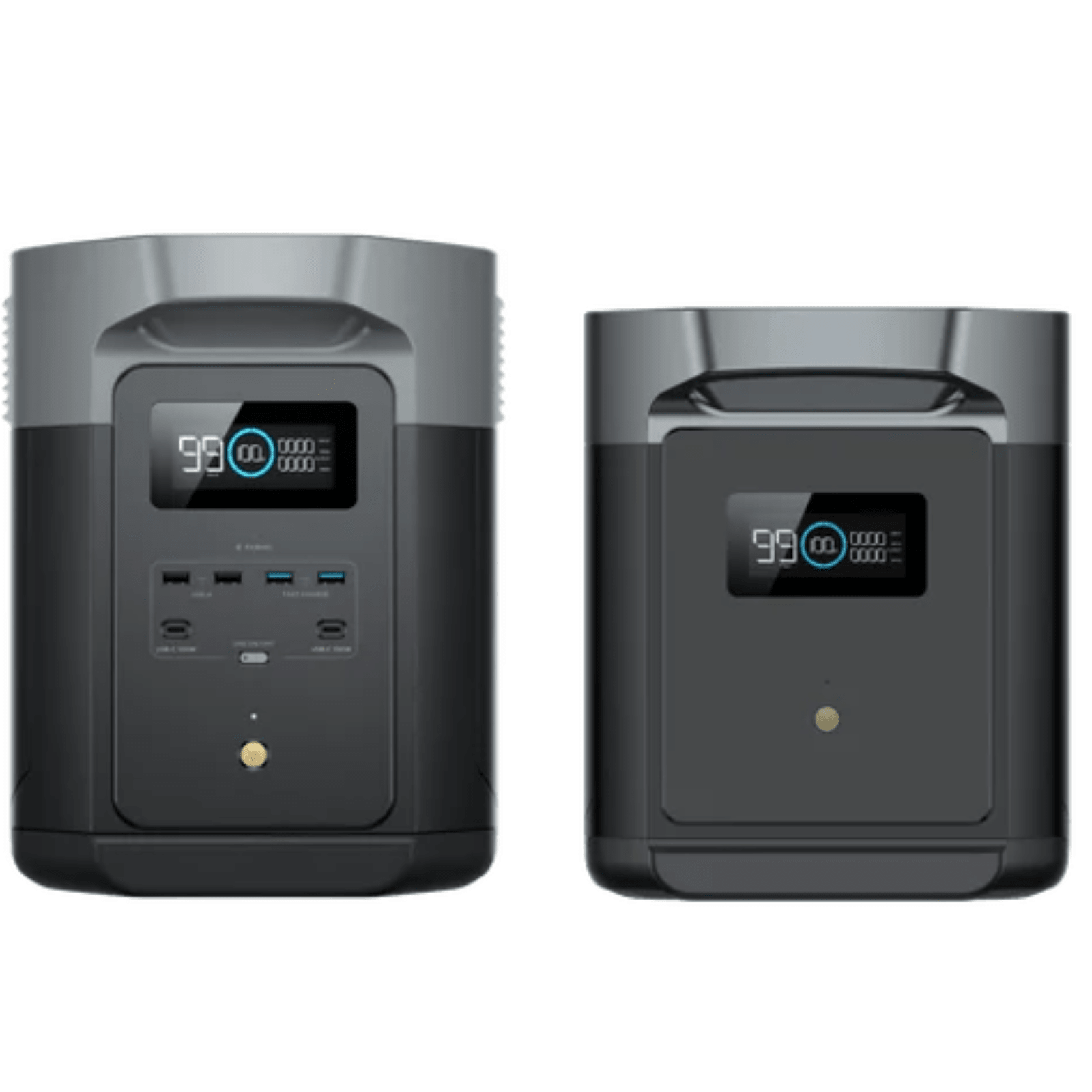 EcoFlow DELTA 2 Max portable power station with smart extra battery, showing digital display and multiple output ports.