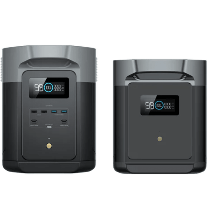 EcoFlow DELTA 2 Max portable power station with smart extra battery, showing digital display and multiple output ports.