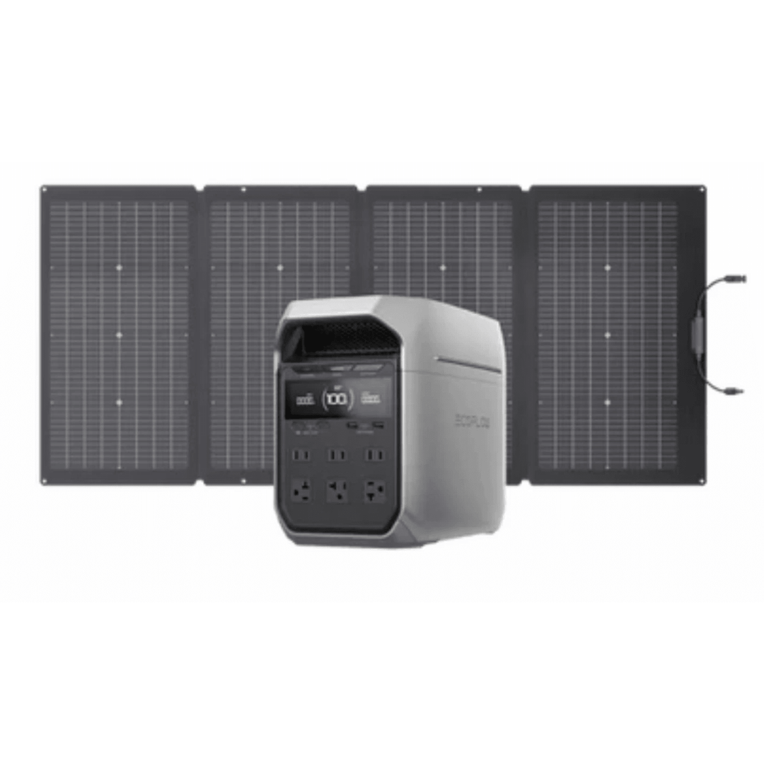 EcoFlow Delta 3 Plus portable power station with 220W bifacial solar panel for outdoor energy storage and charging.