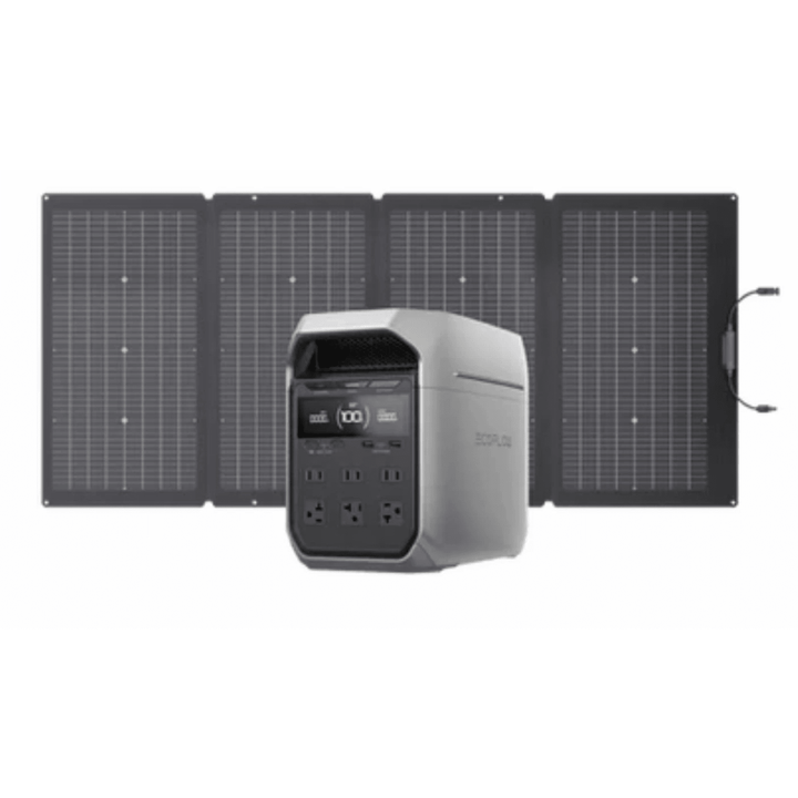 EcoFlow Delta 3 Plus portable power station with 220W bifacial solar panel for outdoor energy storage and charging.