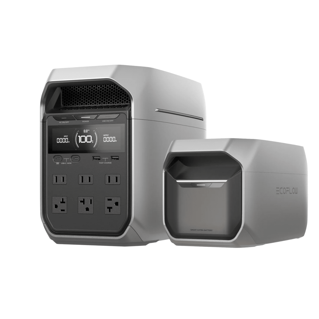EcoFlow DELTA 3 Plus portable power station with DELTA 3 extra battery, 1800W capacity for mobile energy solutions.