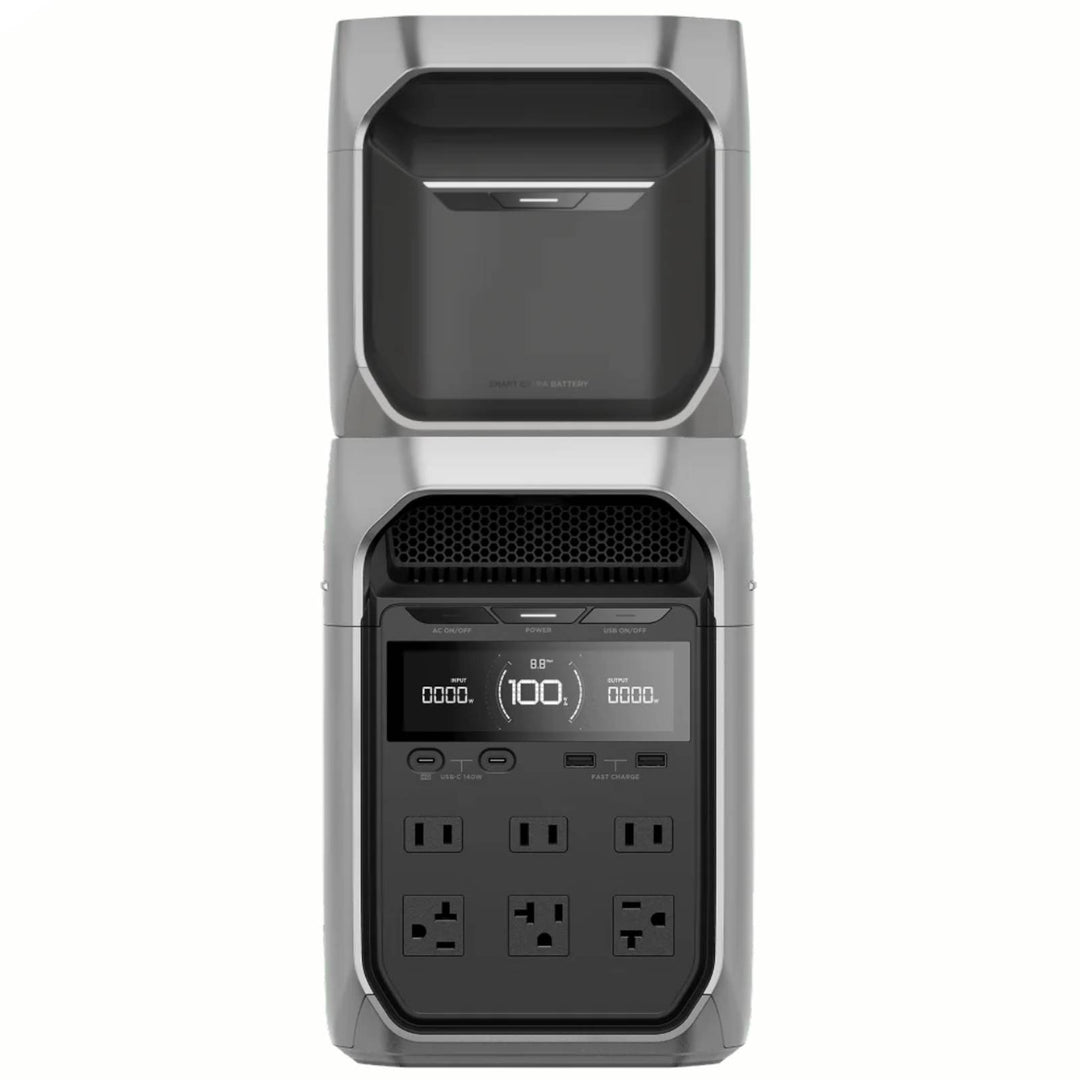 EcoFlow DELTA 3 Plus portable power station with DELTA 3 extra battery, 1800W capacity, showing ports and digital display.