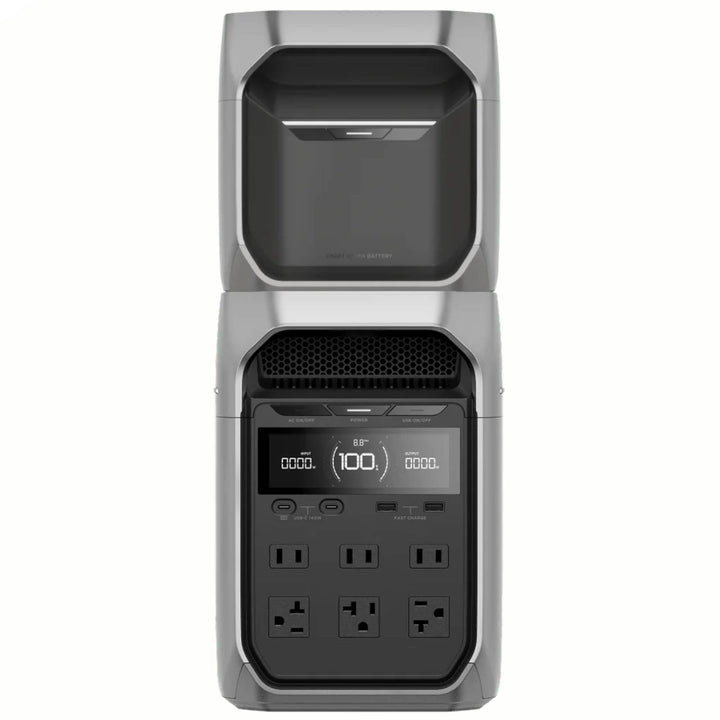 EcoFlow DELTA 3 Plus portable power station with DELTA 3 extra battery, 1800W capacity, showing ports and digital display.