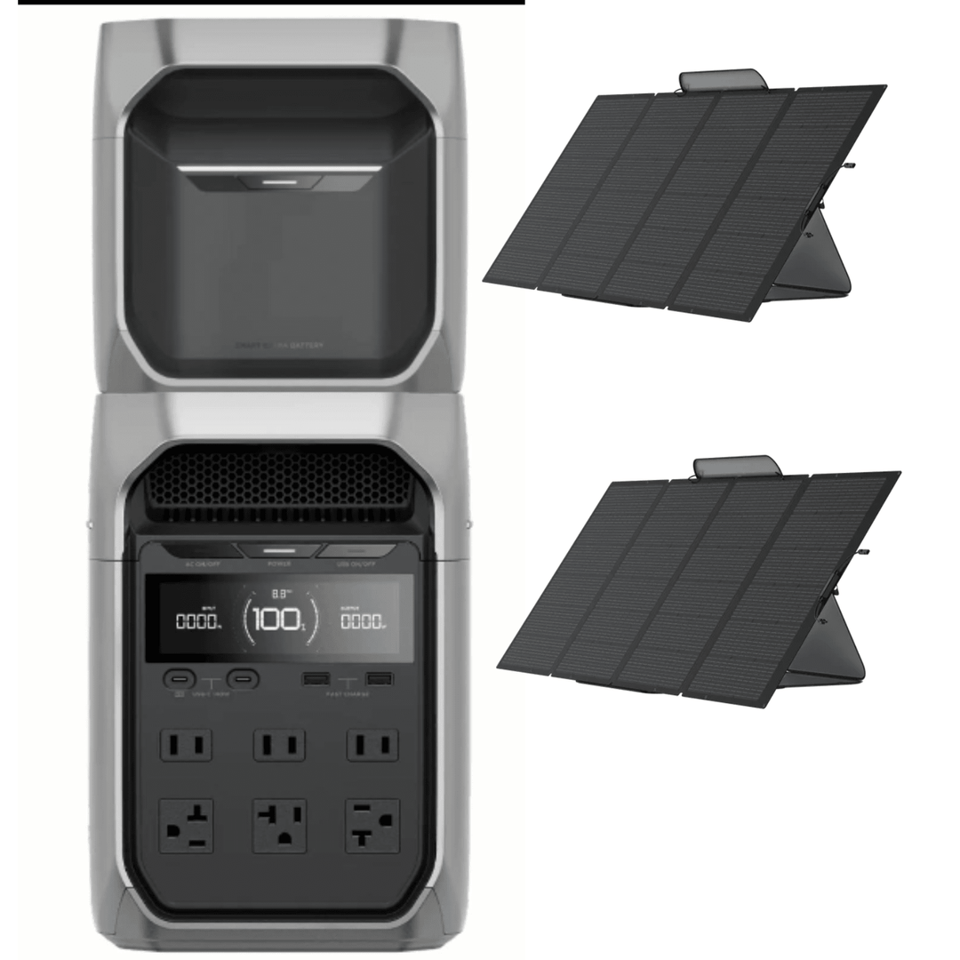 EcoFlow DELTA 3 Plus portable power station with extra battery and two 400W solar panels for mobile energy solutions.