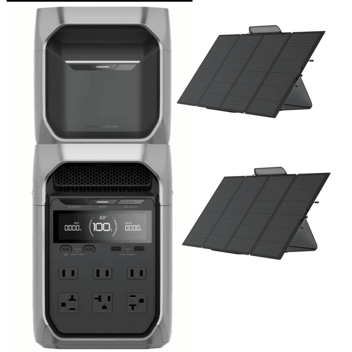 EcoFlow DELTA 3 Plus portable power station with extra battery and two 400W solar panels for mobile energy solutions.