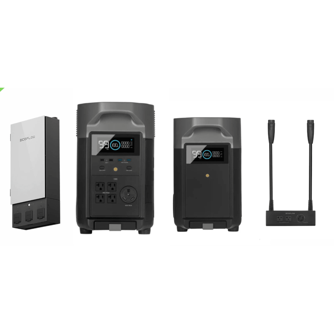 EcoFlow DELTA Pro portable power station with two units, extra battery, double voltage hub, and Smart Panel 2 for versatile energy.