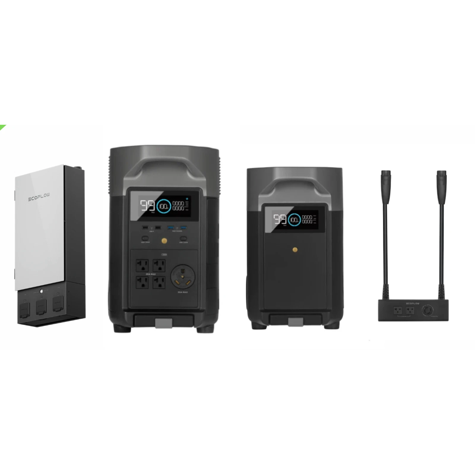 EcoFlow DELTA Pro portable power station with two units, extra battery, double voltage hub, and Smart Panel 2 for versatile energy.