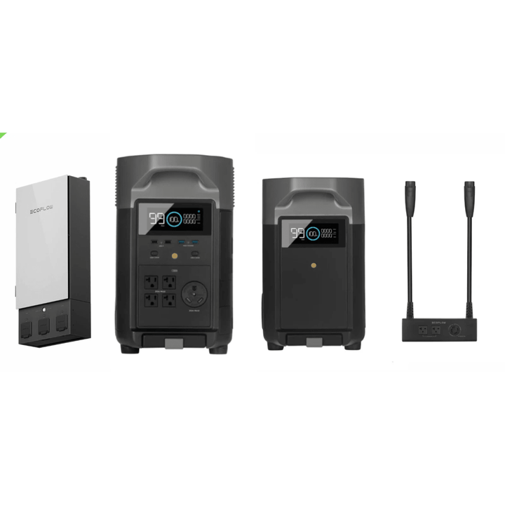 EcoFlow DELTA Pro portable power station with two units, extra battery, double voltage hub, and Smart Panel 2 for versatile energy.