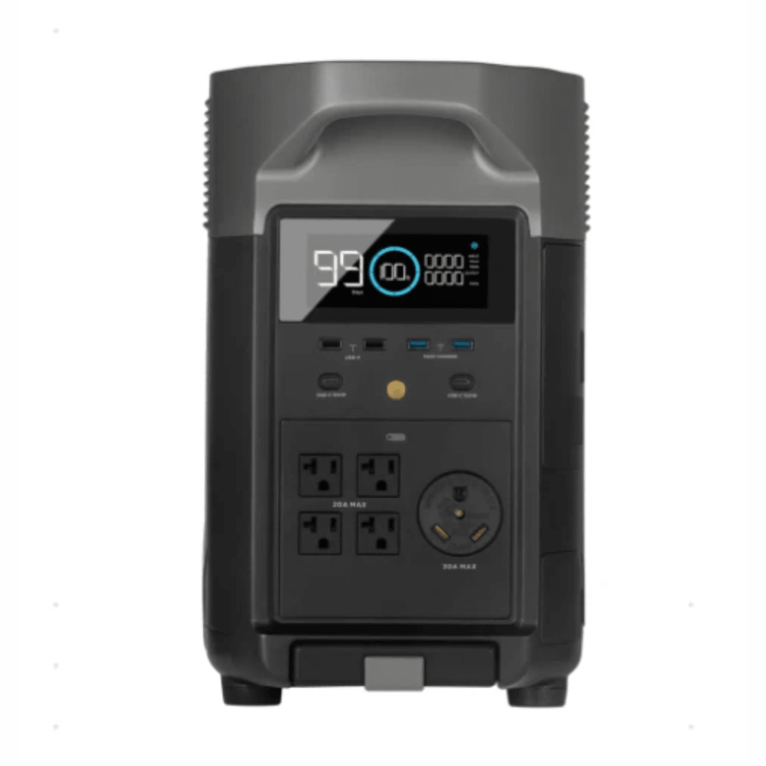 EcoFlow DELTA Pro portable power station with two units, extra battery, double voltage hub, and Smart Panel 2.