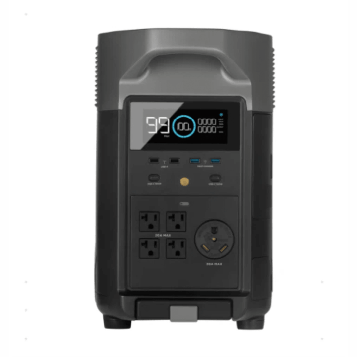 EcoFlow DELTA Pro portable power station with two units, extra battery, double voltage hub, and Smart Panel 2.