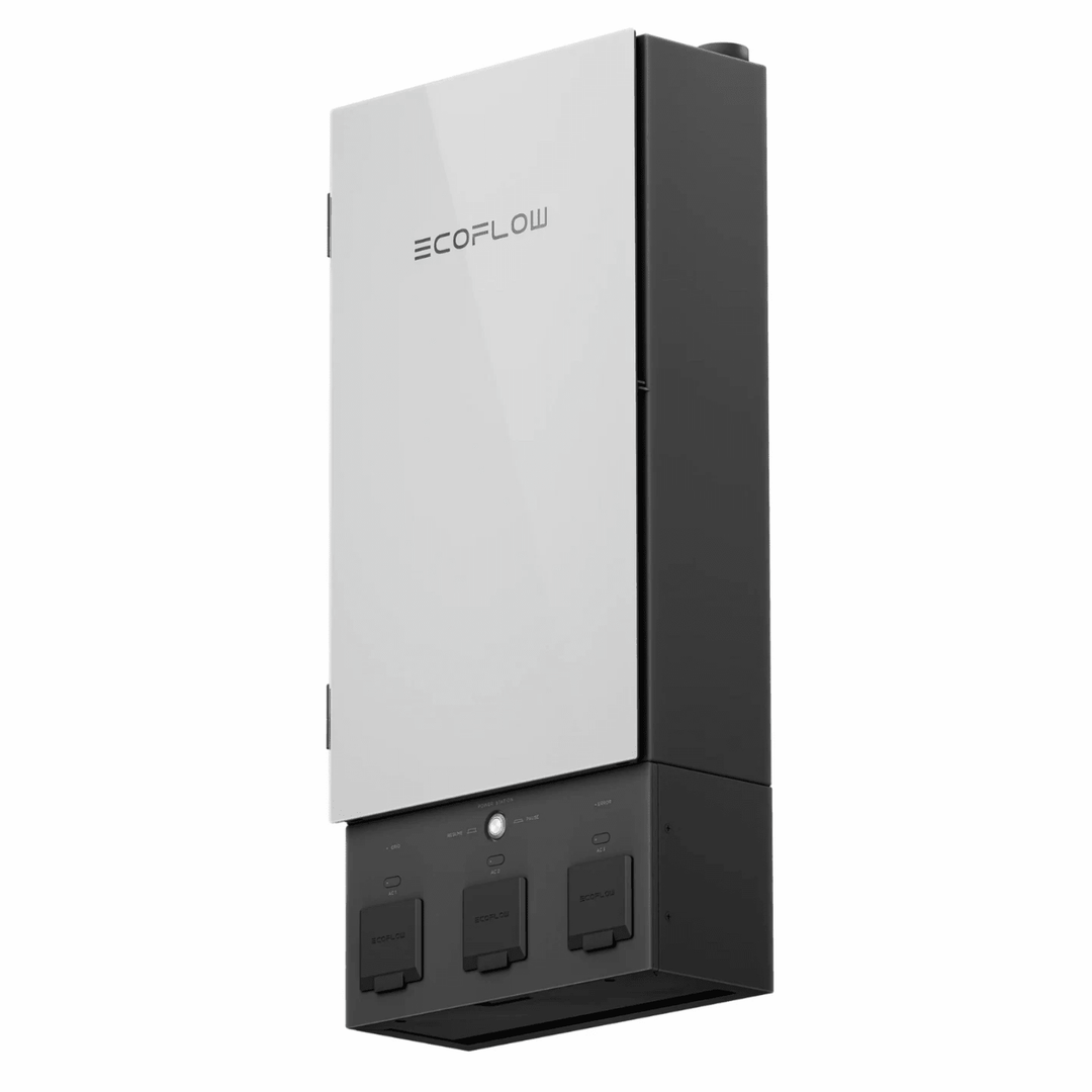 EcoFlow DELTA Pro portable power station with two units, extra battery, double voltage hub, and Smart Panel 2 displayed.