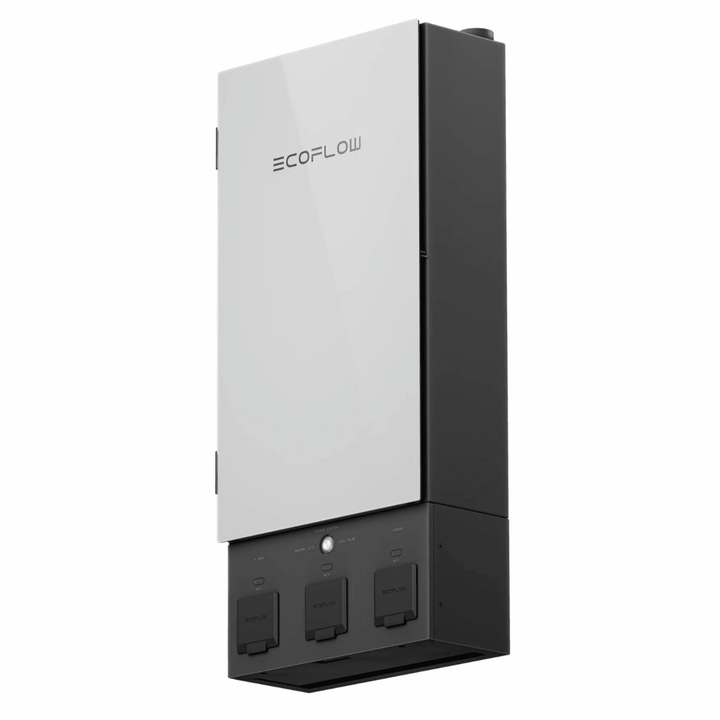 EcoFlow DELTA Pro portable power station with two units, extra battery, double voltage hub, and Smart Panel 2 displayed.