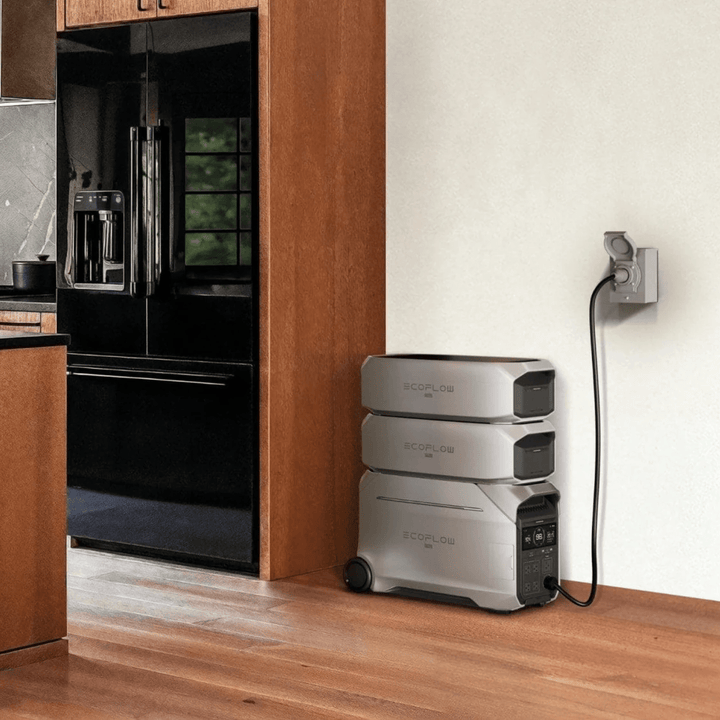 Two EcoFlow DELTA Pro portable power stations with two smart extra batteries and a home panel, ready for versatile energy backup.