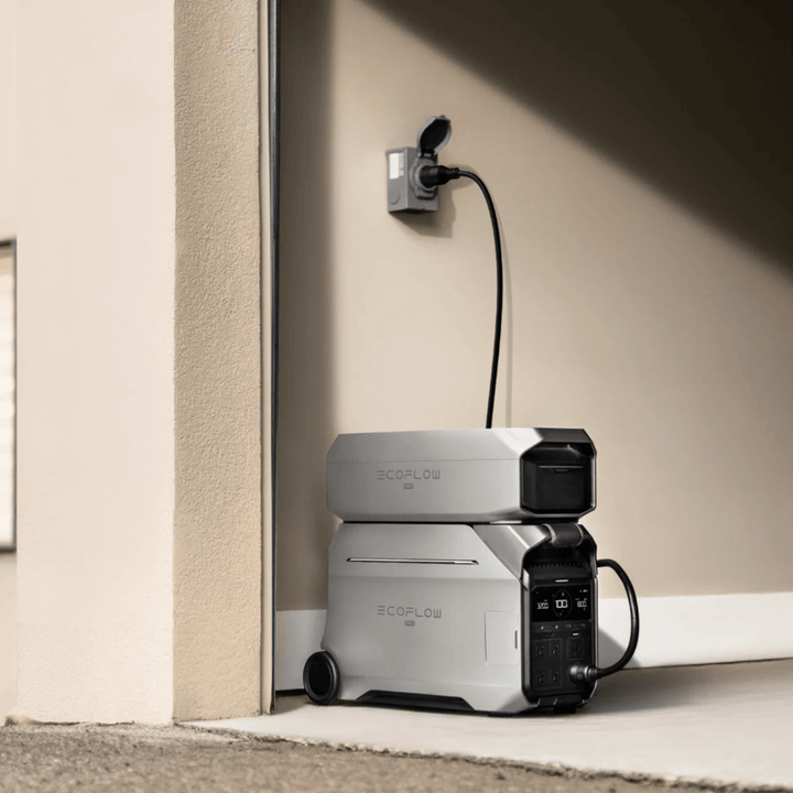 Two EcoFlow DELTA Pro portable power stations with two smart extra batteries and a smart home panel in a home setup.