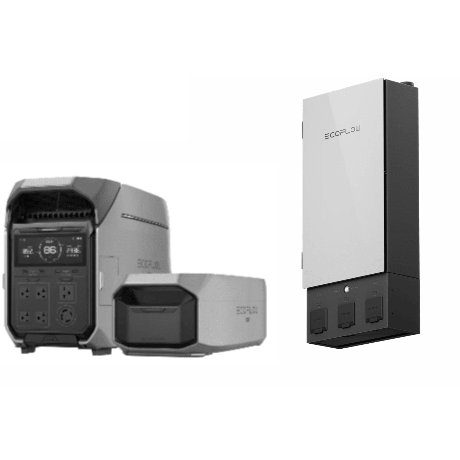 EcoFlow DELTA Pro 3 portable power station with extra battery and smart home panel, showcasing its compact design and control panel.