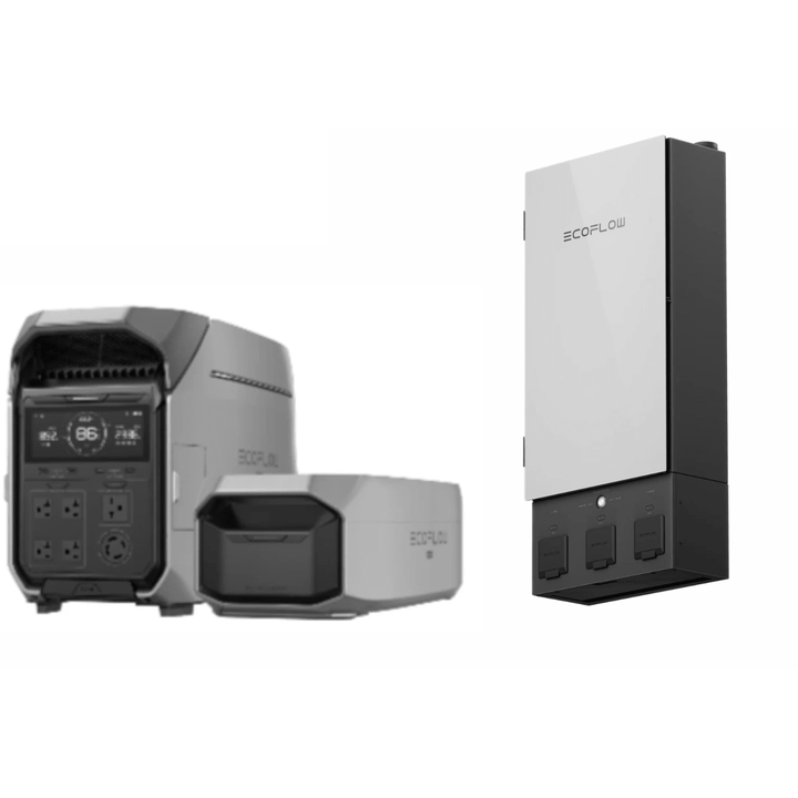 EcoFlow DELTA Pro 3 portable power station with extra battery and smart home panel, showcasing its compact design and control panel.