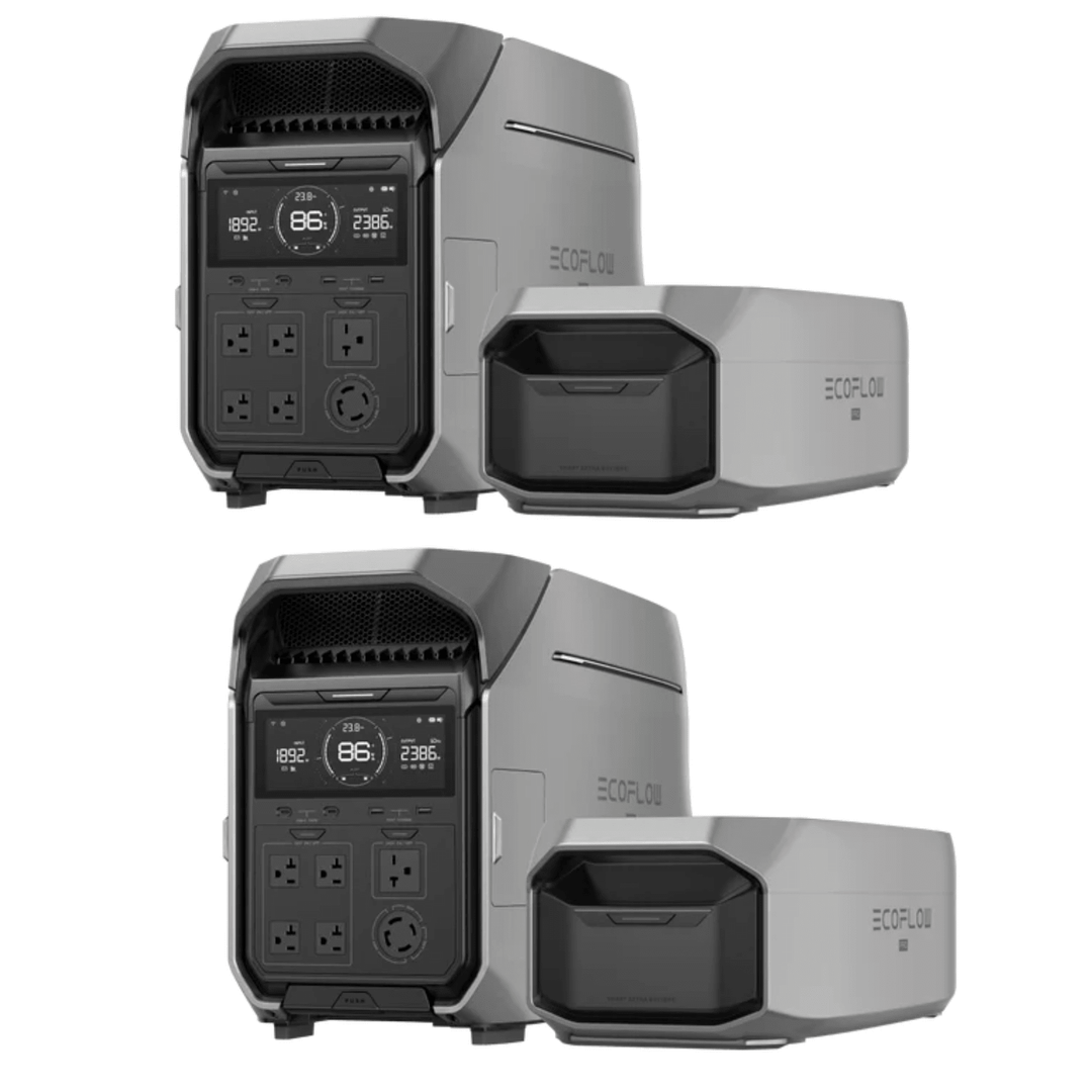 EcoFlow DELTA Pro portable power stations with two units and two smart extra batteries for reliable outdoor power supply.