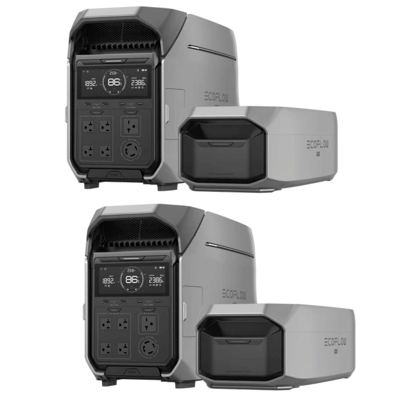 EcoFlow DELTA Pro portable power stations with two units and two smart extra batteries for reliable outdoor power supply.